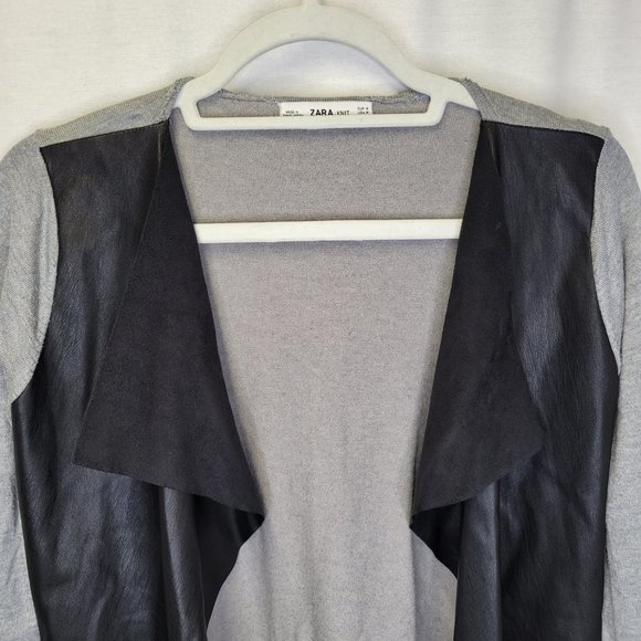Zara Knit Women's Medium Cardigan Sweater Black Gray Faux Leather - Picture 3 of 5